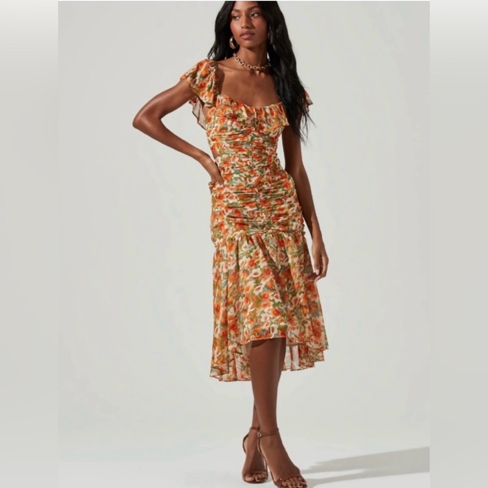ASTR the Label Devereaux Cutout Floral Midi Dress Floral Orange Midi Dress